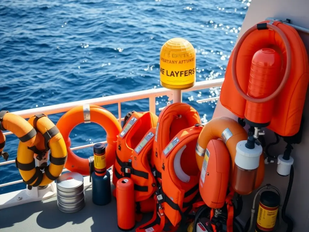 Marine safety equipment displayed on a ship deck.