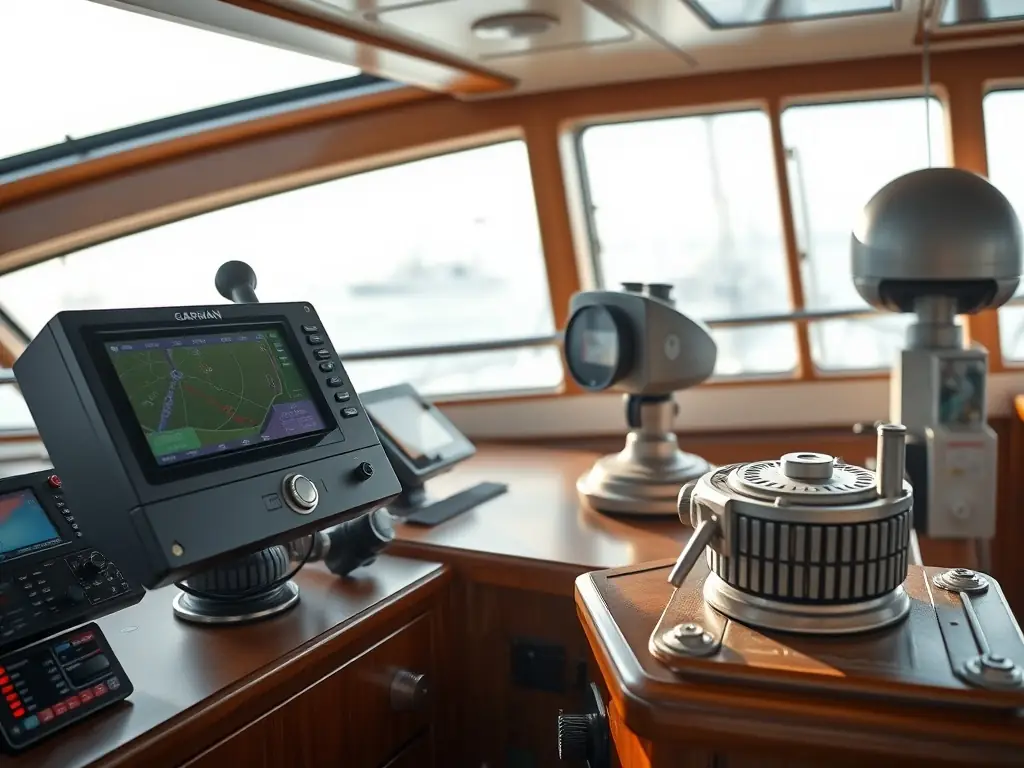 Advanced marine navigation tools on a ship's bridge.