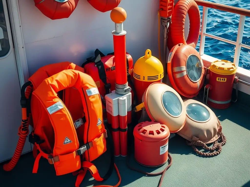 A variety of marine safety equipment displayed on a ship deck.
