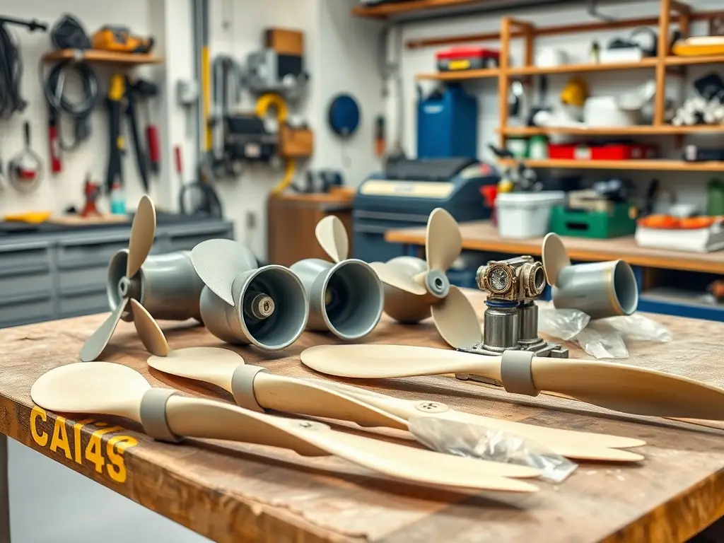 Specialized marine parts arranged in a workshop setting.