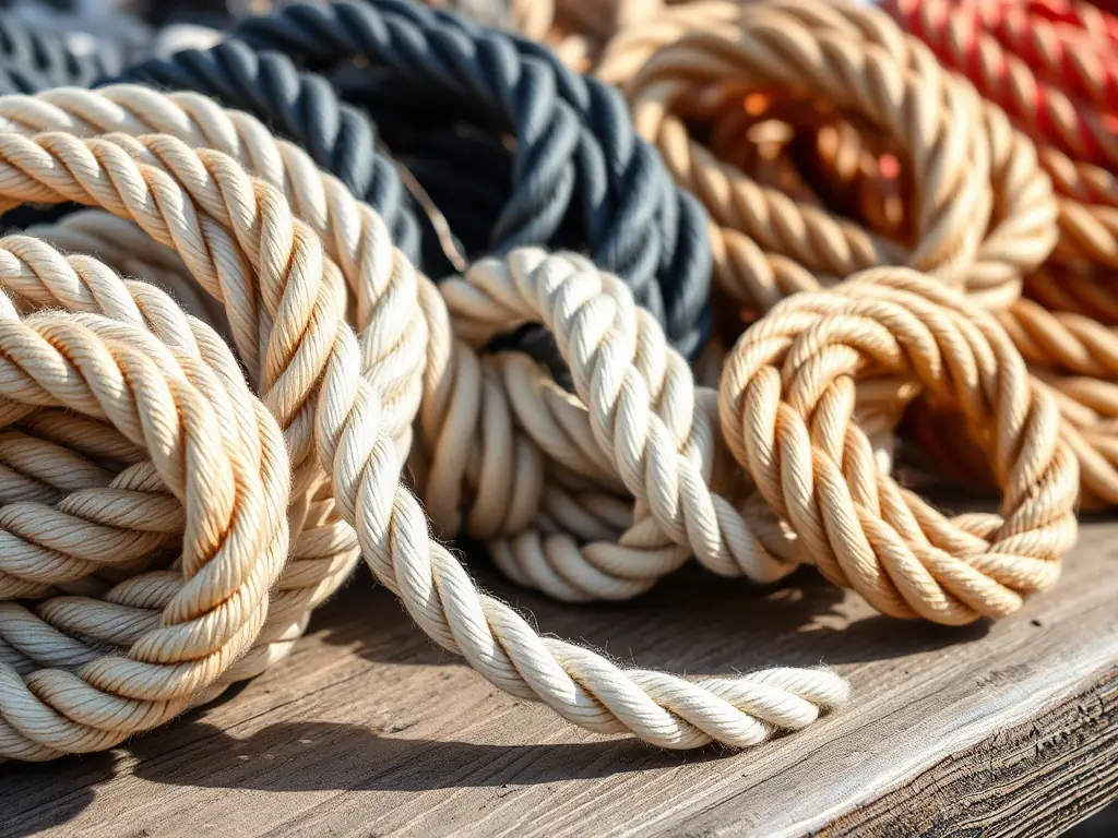 Coiled marine ropes in various thicknesses and materials.