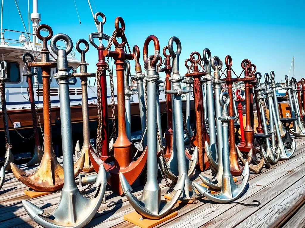 Various marine anchors of different sizes displayed on a dock.
